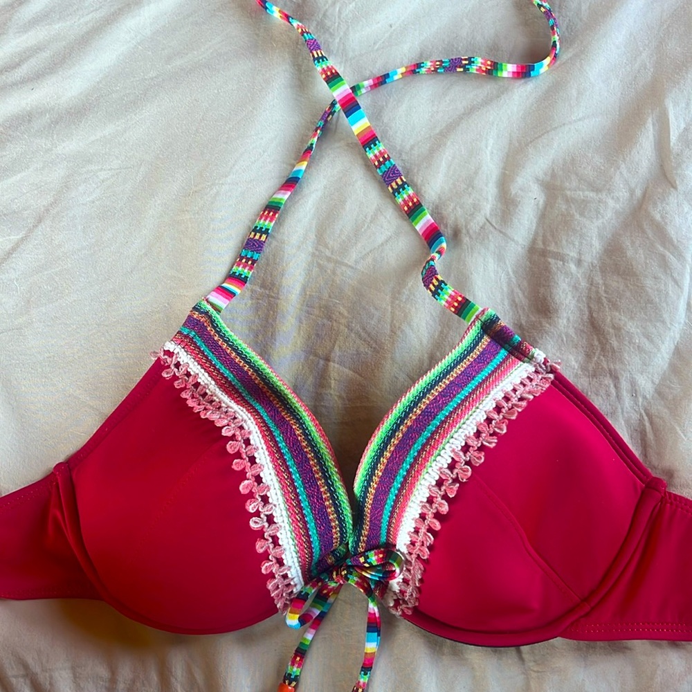Lucky brand swim bikini top halter boho ribbon bead trim red rainbow size D